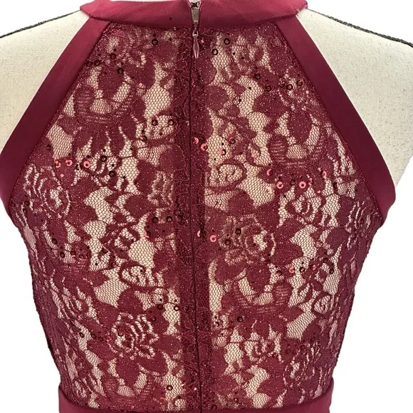 Nightway Sleeveless Halter Neck Sequin Lace Maxi Dress - Merlot Red - size 4P - Picture 5 of 12